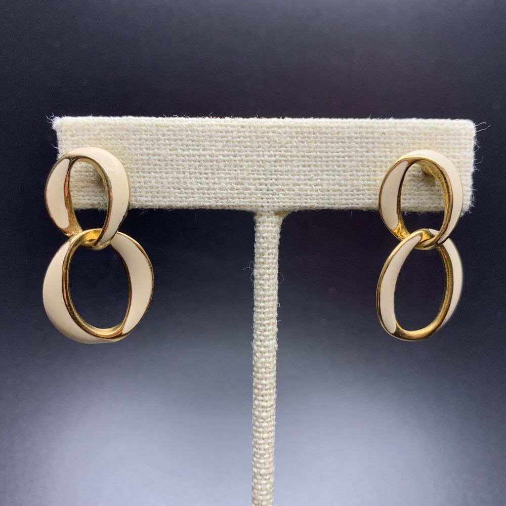 Enamel Dangle Earrings Cream Gold Tone Classic 80s 90s Pierced Vintage